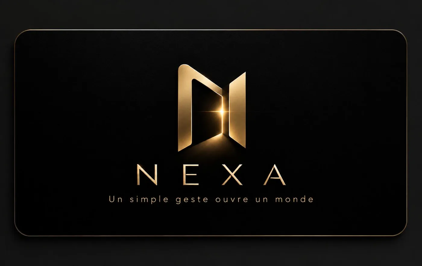 Carte digitale NEXA recto : fond noir premium, logo doré, slogan « Un simple geste ouvre un monde »