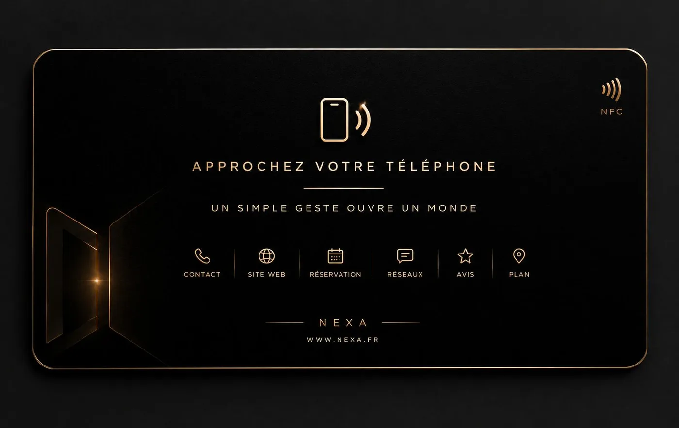 Carte digitale NEXA verso : « Approchez votre téléphone » avec accès contact, site web, réseaux, avis et plan