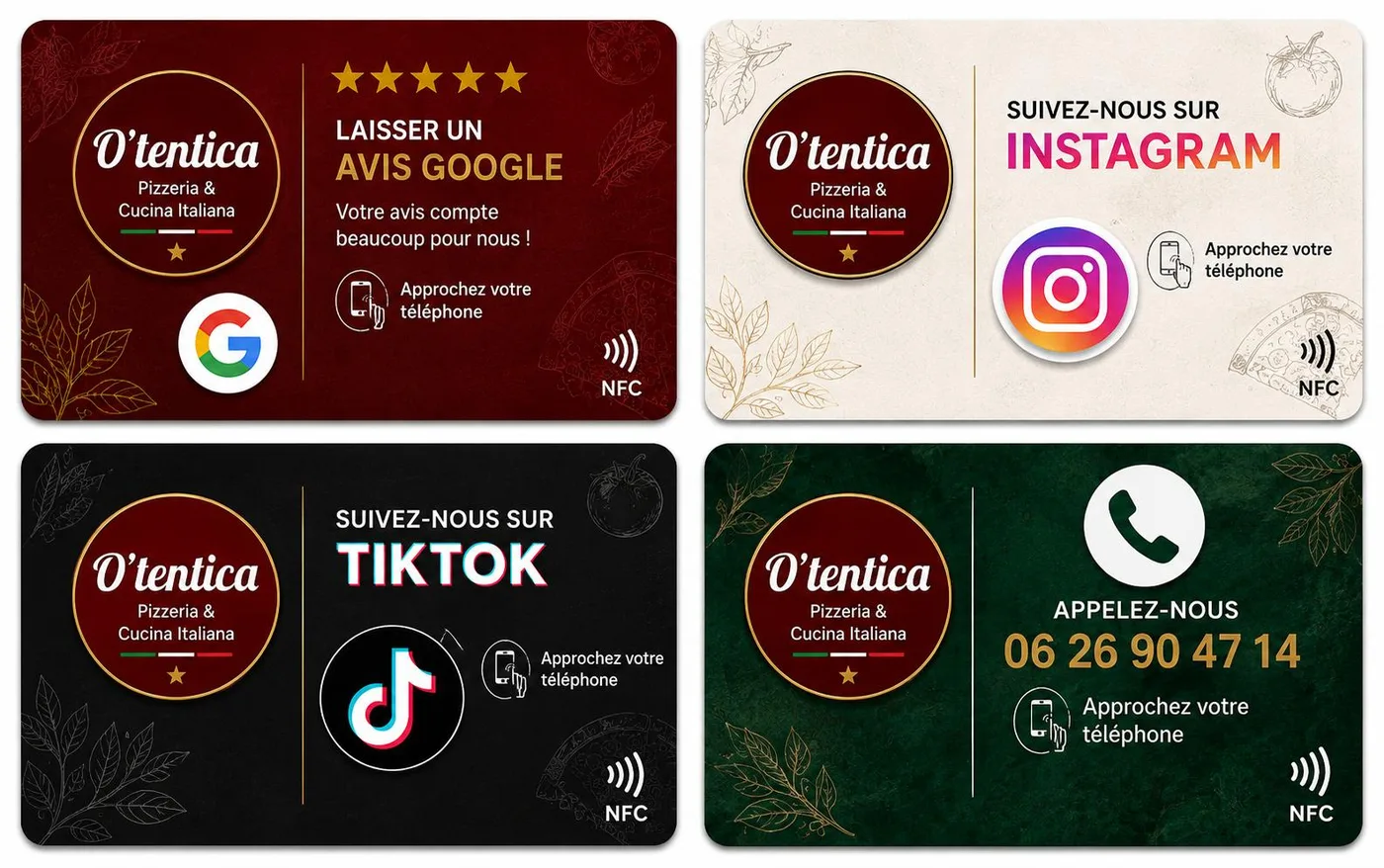 Collection de quatre cartes digitales O'tentica : avis Google, Instagram, TikTok et appel direct